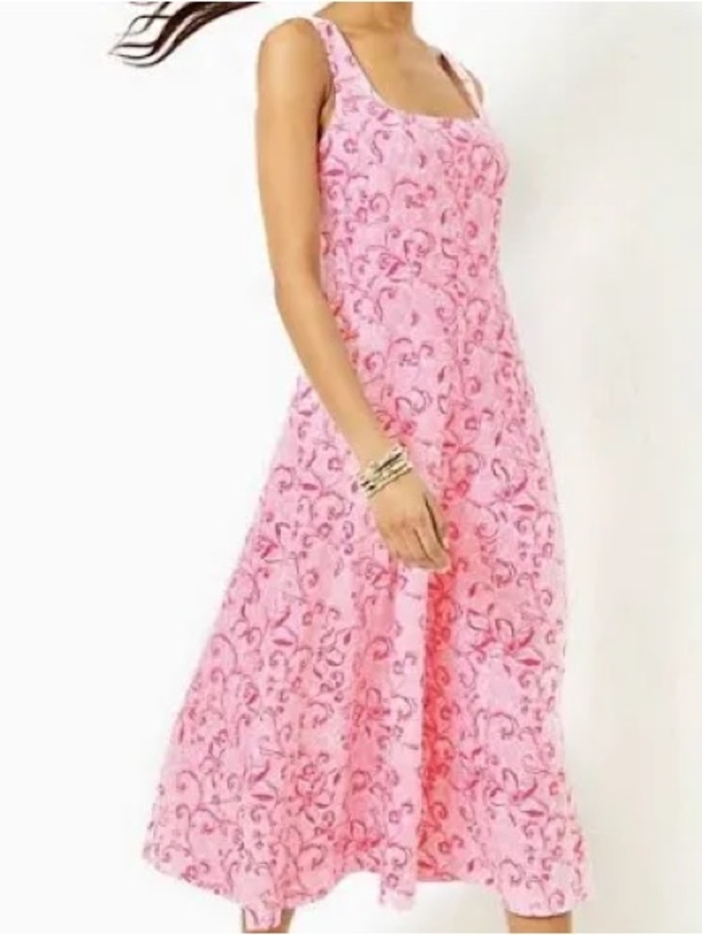 Lilly Pulitzer Pink Floral Linen Blend Fit & Flare Midi Dress Size 8